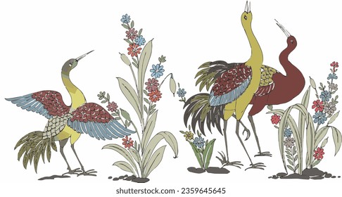 a couple of birds standing next to each other on top of a grass covered field with flowers and plants; cloisonnism, a silk screen, Charles Maurice Detmold, birds