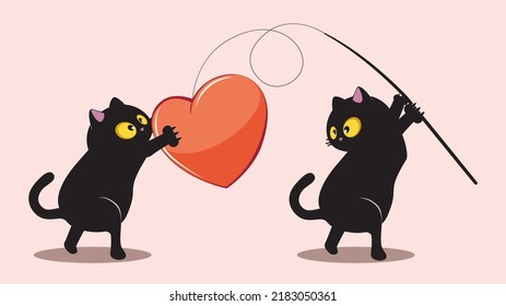 Couple of black cat catch a red heart illustration.