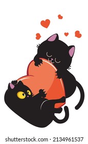 Un par de gatos negros jugando con una ilustración del corazón rojo.