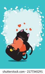 Un par de gatos negros jugando con una ilustración del corazón rojo.