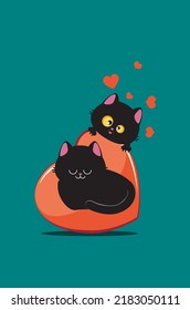 Couple of black cats on big red heart illustration.