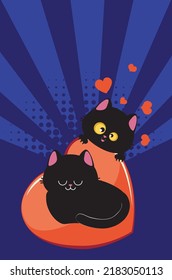 Couple of black cats on big red heart illustration.