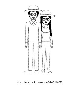 couple in black dotted silhouette and both with hat and glasses and pants and him with stubble beard and sweater and shoes and her with blouse long sleeve and heel shoes and braid and fringe hair
