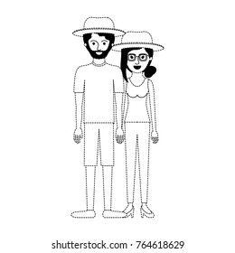 couple in black dotted silhouette and both with hat and him with beard with t-shirt and short pants and shoes and her with glasses t-shirt sleeveless and pants and heel shoes with collected hair and