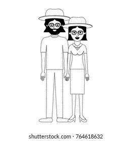 couple in black dotted silhouette and both with hat and glasses and him with beard and t-shirt and pants and shoes and her with blouse and skirt and heel shoes and short straight hair