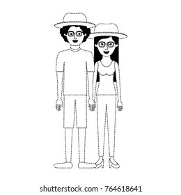 couple in black dotted silhouette and both with hat and glasses and him with shirt and short pants and shoes and curly hair and her with blouse and pants and heel shoes with long straight hair