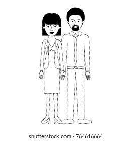 couple in black dotted silhouette and her with blouse and jacket and skirt and heel shoes with mushroom hairstyle and him with shirt and tie and pants and shoes with short hair and goatee beard