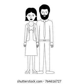 couple in black dotted silhouette and her with blouse and jacket and skirt and heel shoes with short straight hairstyle and him with shirt and tie and pants and shoes with short hair and bearded