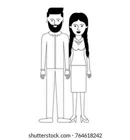 couple in black dotted silhouette and him with beard and shirt and pants and shoes with side parted hairstyle and her with blouse and skirt and heel shoes with braided hair