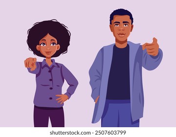 
Couple of Black Ethnicity Pointing to the Camera Vector Cartoon. Husband and wife indicating with forefinger in the same direction
