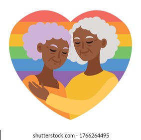 A Couple Of Black Gay Women (lesbians) Cuddles In The Shape Of A Heart Shaped Rainbow LGBT Flag