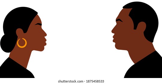 Couple - black man and black woman are looking at each other. Two portraits, male and female. The concept of conversations, relationships, support. White background.