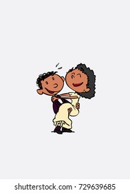 Couple of black newlyweds, happy. The black groom holds the bride in his arms. Vector isolated characters.
