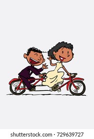 Couple of black newlyweds riding a tandem, happy. Vector isolated characters.
