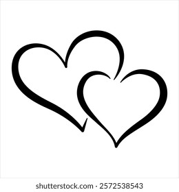 Couple of black outlined hearts on white background. Holiday Design element Valentine's day. Icon love decor for web, wedding and print. Drawn love vector symbol isolated on white background.