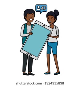 couple black with smartphone and speech bubble