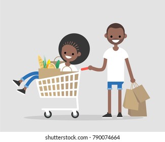 A couple of black young adults having fun in a supermarket. Riding in a cart. Groceries shopping. Daily routine. Flat editable vector illustration, clip art