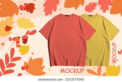 A couple of blank colourful light red and light olive t shirt mockup design with various type of leaf asethetic background to display your t shirt design