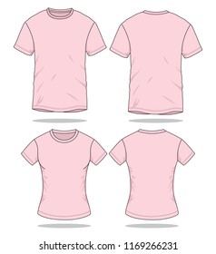 Couple blank light Ping Short Sleeve T-Shirt Template on White Background. Front and Back Views, Vector File