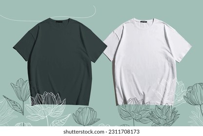 A couple of blank t shirt mockup for dark and light t shirt designs with simple but eye catchie flower and leaf asethetic background and side design