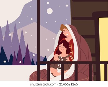 Couple In Blanket In Winter Scene