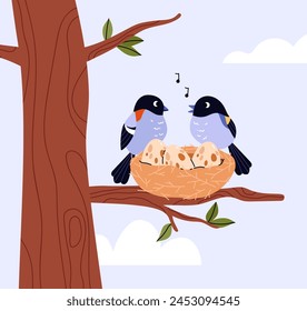 Couple of blue birds hatches eggs and singing in the nest on tree branch. Cartoon nature wildlife, nestling. Cute tit bird family home on the wood vector flat illustration