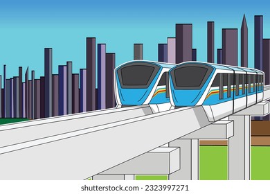 couple of blue color Monorail sky train background with city view drawing in colorful cartoon vector