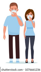 Couple in blue face masks with heads together against white background. Cartoon vector illustration. Flat cartoon illustration.