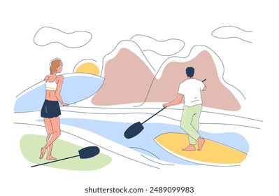 Couple boarding on lake. Man and woman swim on surfing board. Active lifestyle and extreme sports. Pair leisure and recreation. Linear vector illustration isolated on white background