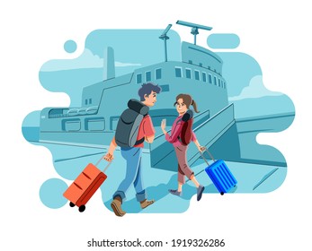 Couple Boarding Passenger Ship At Harbour