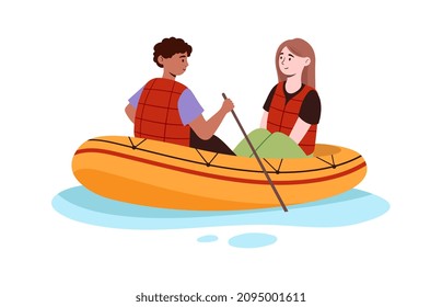 Pareja en bote. Un hombre y una chica se fueron de viaje por el río. Peligroso y extremo descanso, aventura. Fecha romántica en la naturaleza, yendo por el río. Turistas y viajeros. Dibujo vectorial plano de dibujos animados