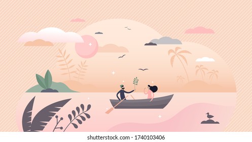 Couple in boat vector illustration. Romantic date flat tiny persons concept. Summer outdoor sunset leisure activity. Symbolic privacy, discretion and isolation visualization with quiet place for pair.