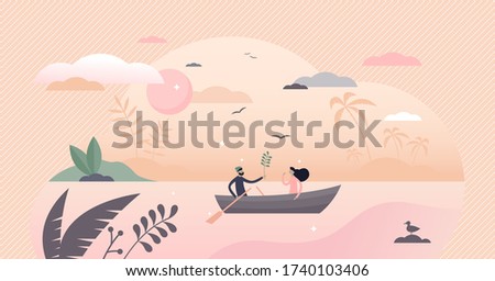 Couple in boat vector illustration. Romantic date flat tiny persons concept. Summer outdoor sunset leisure activity. Symbolic privacy, discretion and isolation visualization with quiet place for pair.