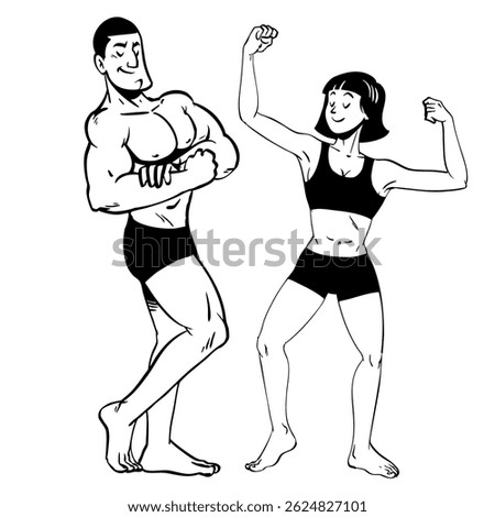 Couple of Bodybuilder Posing Drawn in Vintage Style