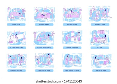 Couple bonding flat silhouette vector illustrations set. Man and woman spending time at home. Family outline characters on blue background. Lifestyle and hobbies simple style drawings pack