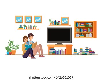 couple with book in hands in living room