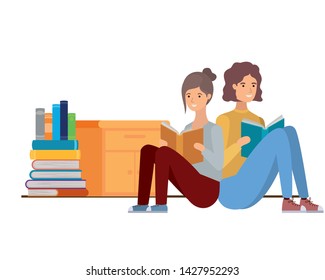 Cartoon Women Reading Books Sitting On Stock Vector (Royalty Free ...