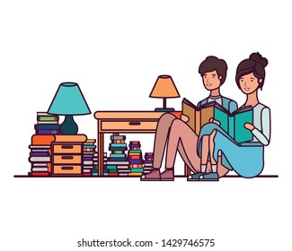 couple with book in hands in living room