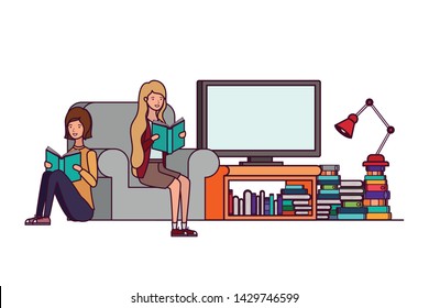 couple with book in hands in living room