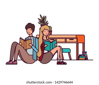 couple with book in hands in living room