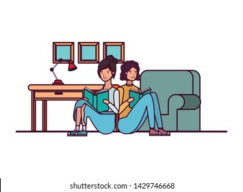 couple with book in hands in living room