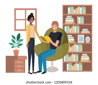 couple with book in livingroom avatar character