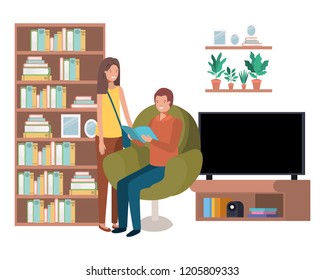 couple with book in livingroom avatar character