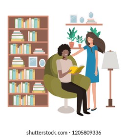 couple with book in livingroom avatar character