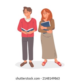 Couple book lovers, reading characters holding books. Young woman and man literature fans isolated vector symbols illustration. Cartoon reading people
