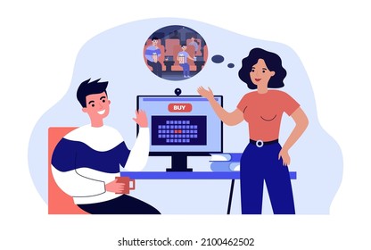 Couple booking tickets for movie via online app. Selection of seats for film by people flat vector illustration. Entertainment, cinema theatre concept for banner, website design or landing web page