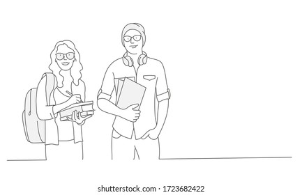 Couple with books and backpack. Students. Line drawing vector illustration.