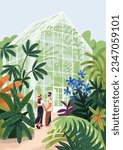 Couple in botanical garden, greenhouse. Man and woman on date in green house, conservatory with leaf foliage plants, flowers. People in love, walking in nature, park. Flat vector illustration