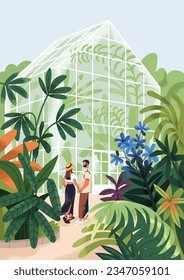 Pareja en jardín botánico, invernadero. Hombre y mujer en cita en casa verde, invernadero con plantas foliares de hoja, flores. Gente enamorada, caminando en la naturaleza, en el parque. Ilustración vectorial plana