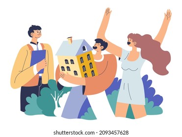 Couple bought apartment, happy man and woman with access to own space for living. Husband and wife with realtor or investor making deal happen. Real agency broker or agent. Vector in flat style